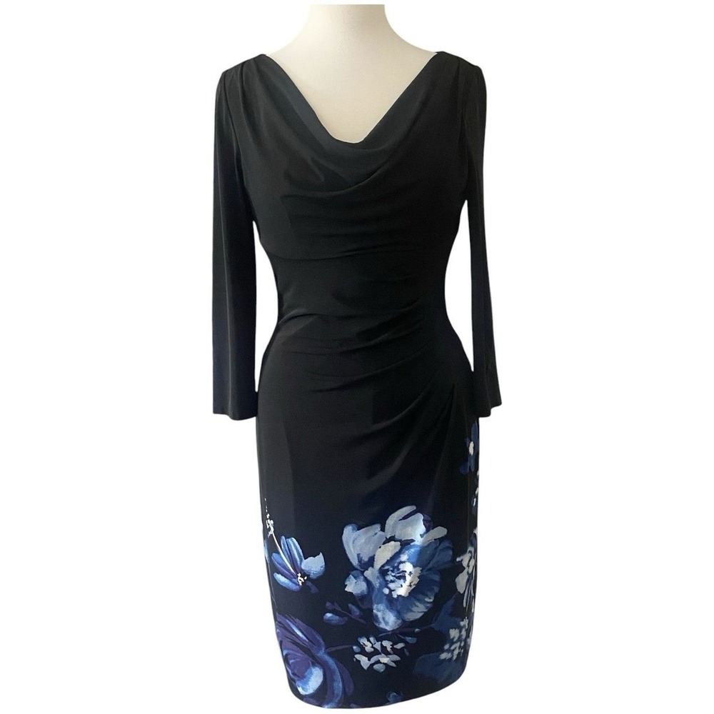 Lauren Ralph Lauren Size 4 Floral Slinky Knit Cowl Neck Sheath Dress Side Ruched